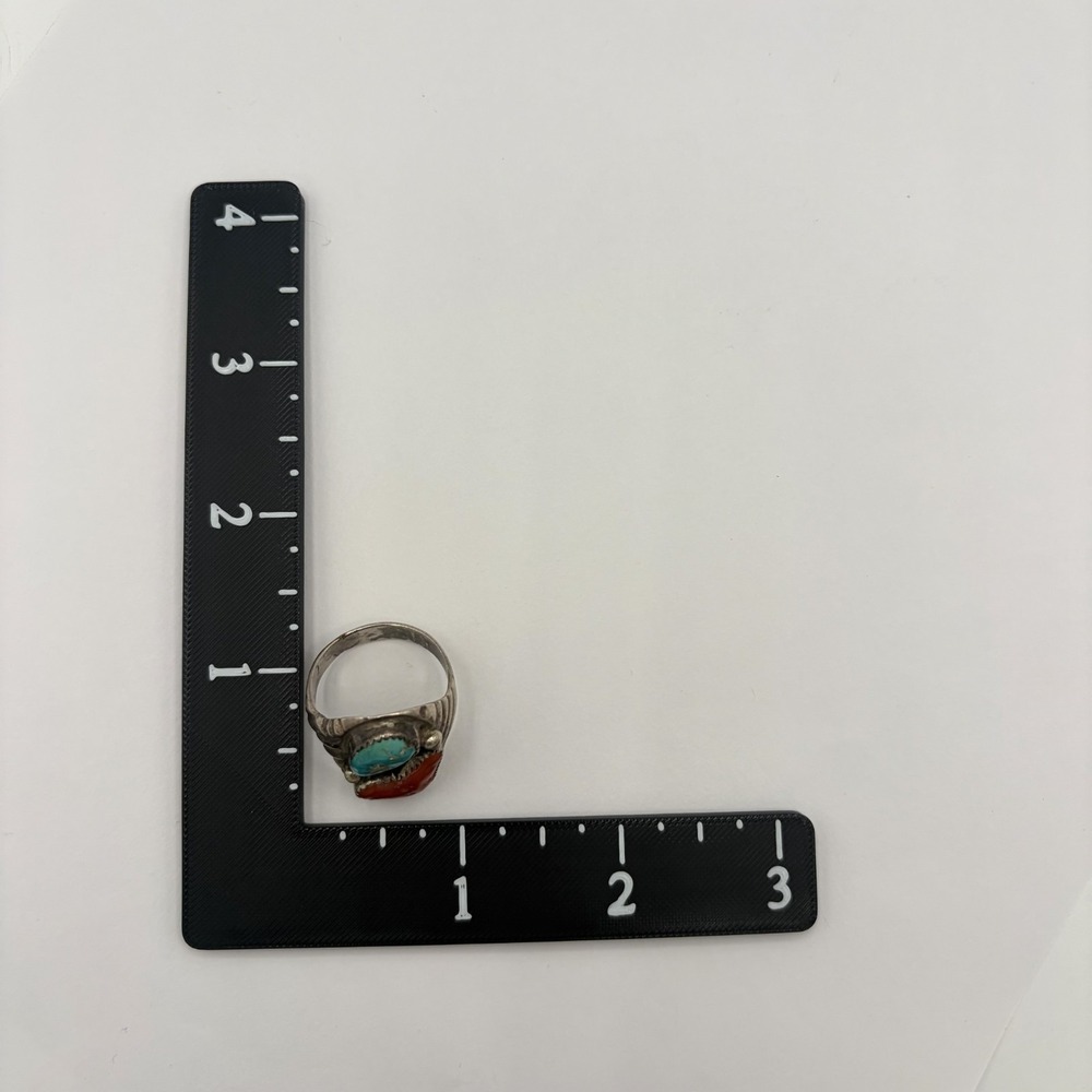 Vintage Ray Fierro Navajo Sterling Silver Turquoise Coral Ring - Picture 7 of 8